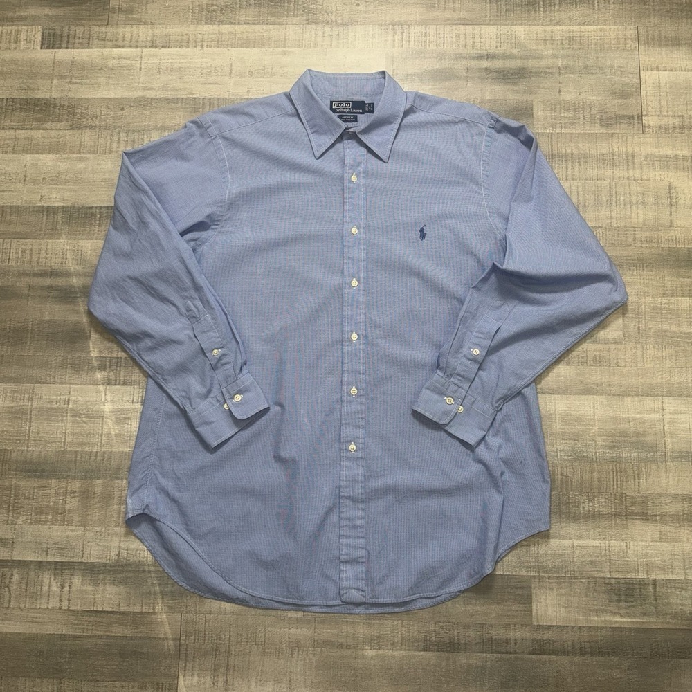 VTG Polo Ralph Lauren Andrew Oxford Dress Shirt Mens 17 34/35 Blue Small Pattern
